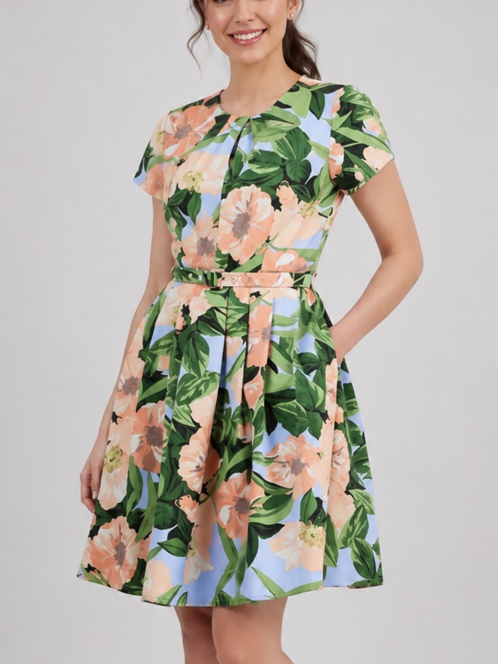 🆕🌿💐Tahari ASL Floral Fit & Flare Dress Blue Green Peach Belted Short Size 12